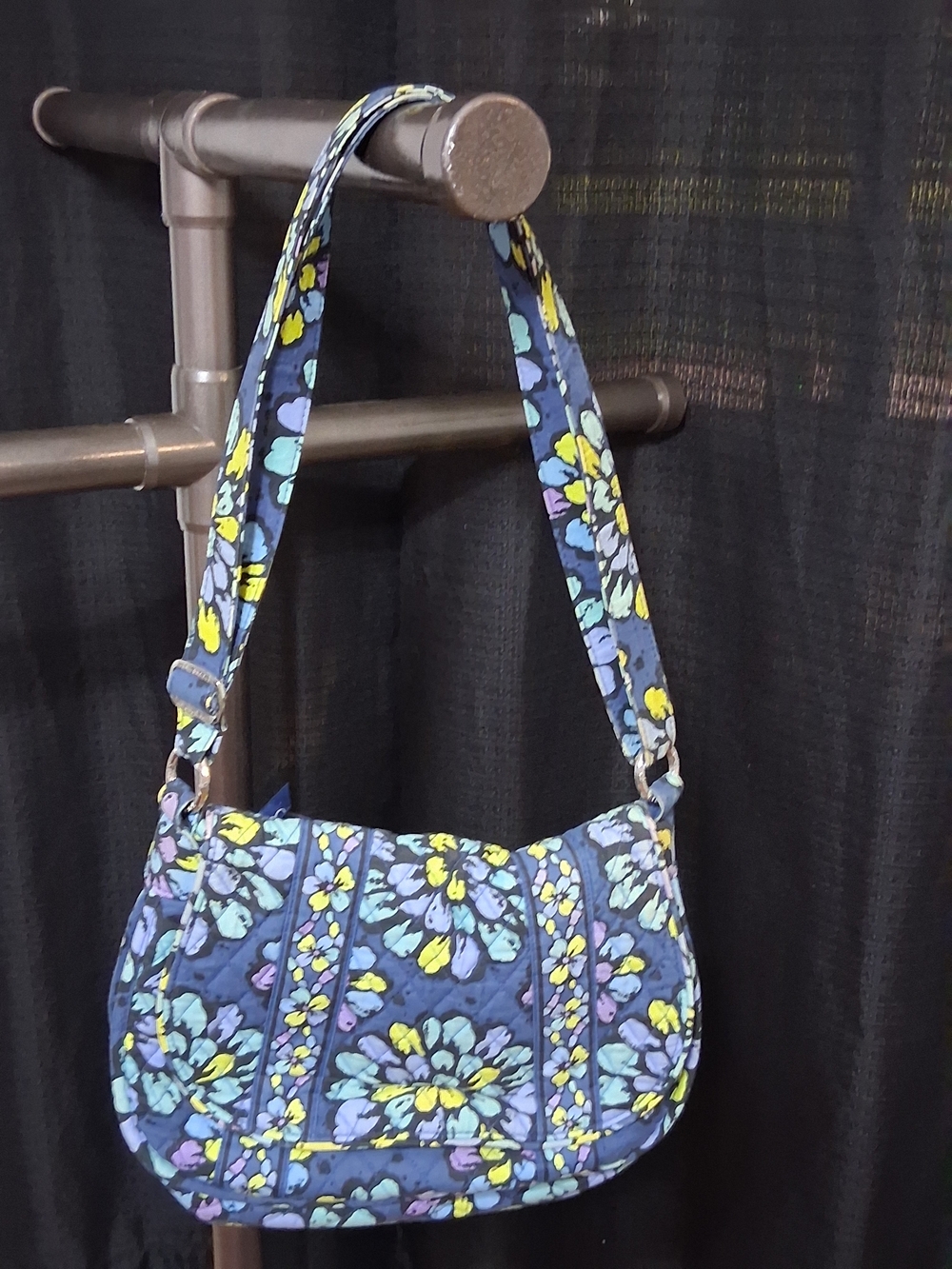 Vera Bradley Navy Quilted Floral Shoulder Bag with Yellow & Light Blue Flowers